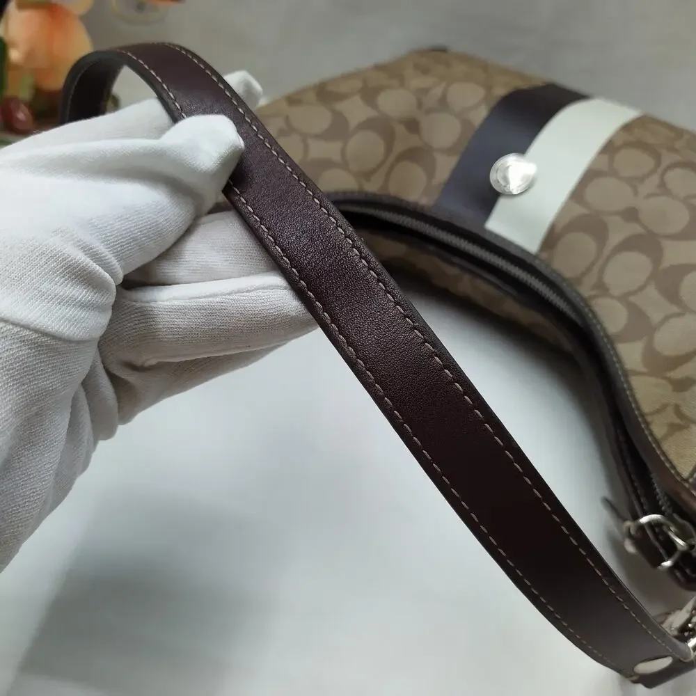 Coach Signature Brown Leather Heritage Strip Zipper Hobo Shoulder Bag